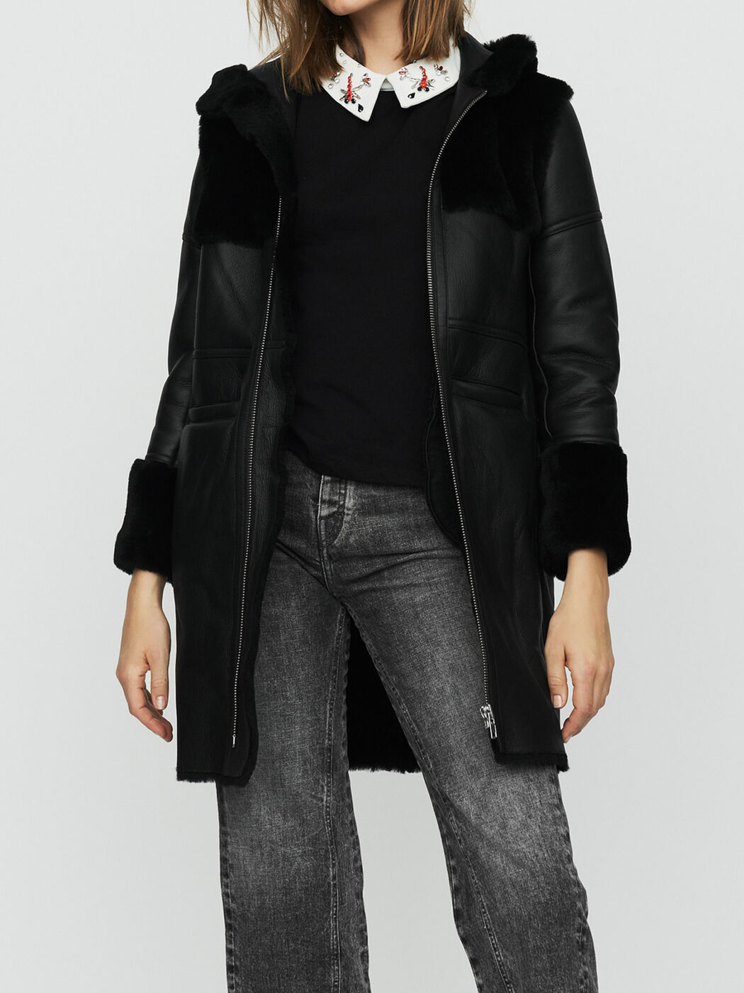 Maje Long shearling coat with mixed material at £795 | love the brands