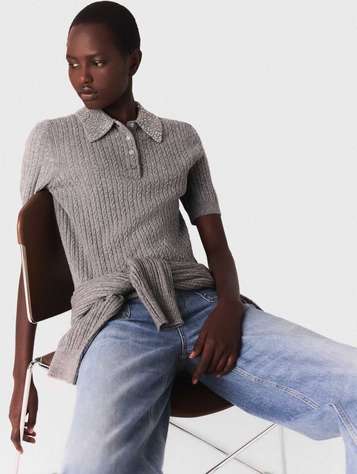Wool polo shirt with rhinestone collar