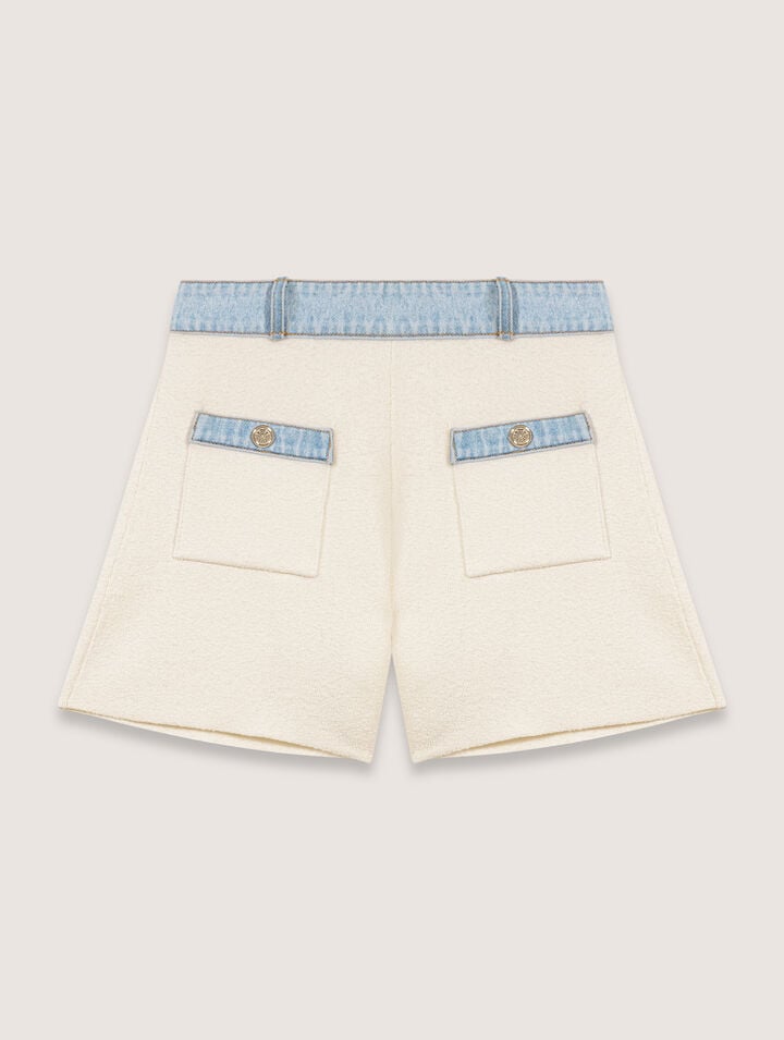 Maje Knitted Shorts With Denim Trim In Ecru