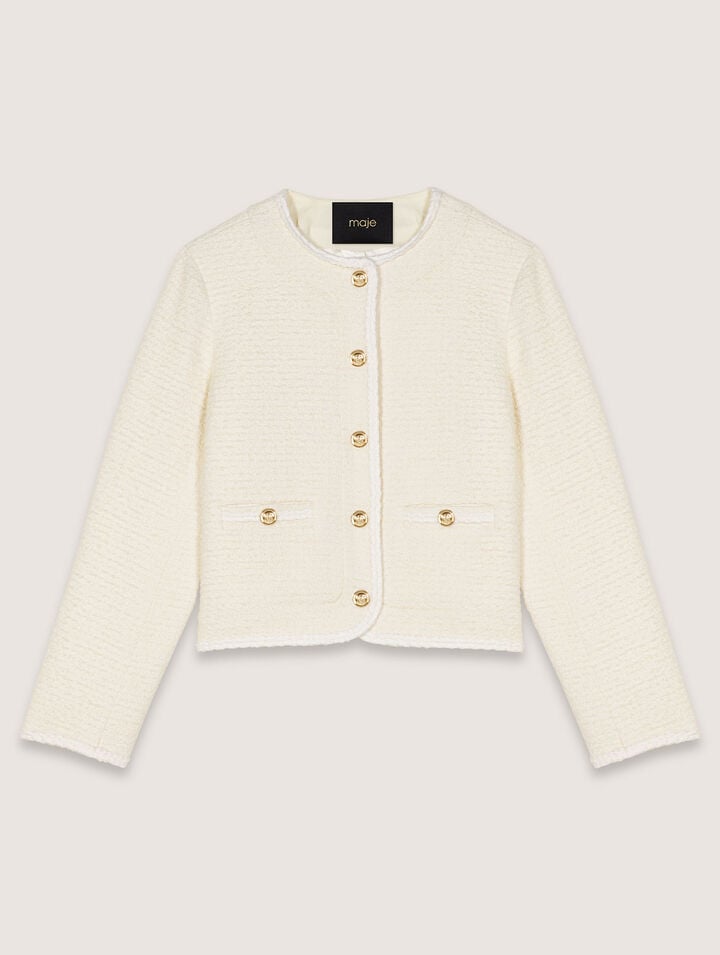 Maje Womens Cropped Tweed Jacket Blanc In Ecru