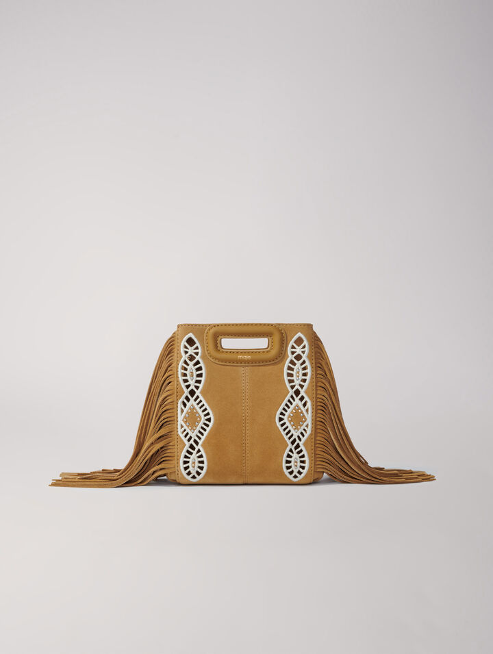 Embroidered suede fringed M mini bag