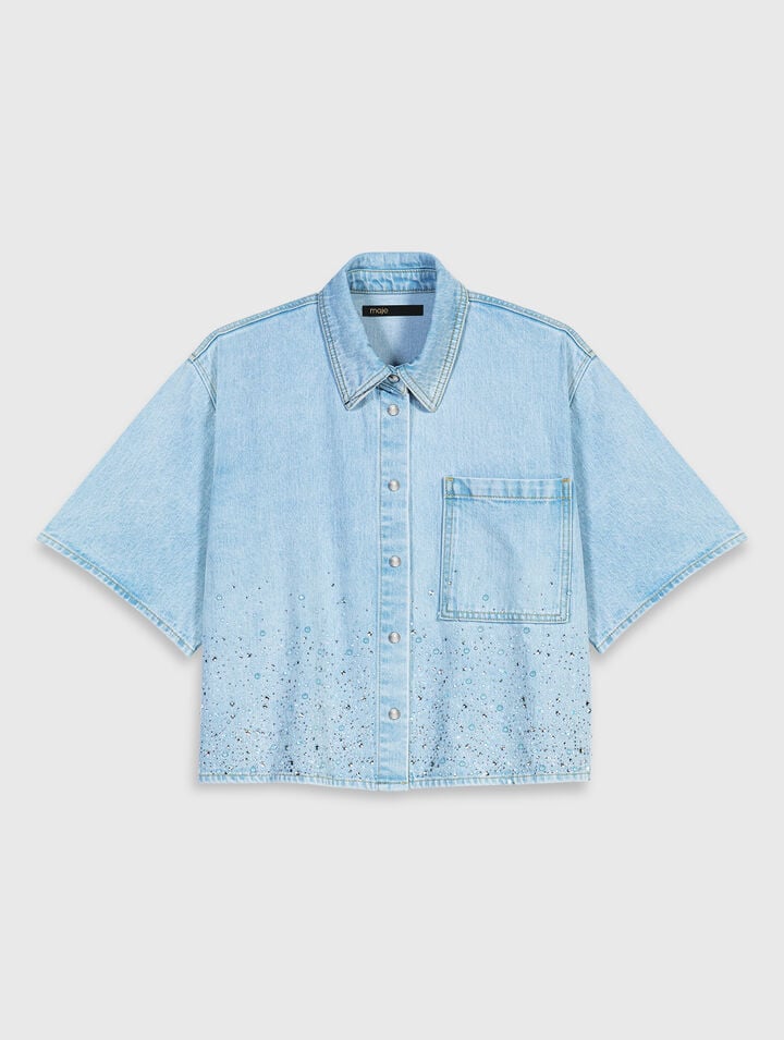 Cropped rhinestone denim shirt