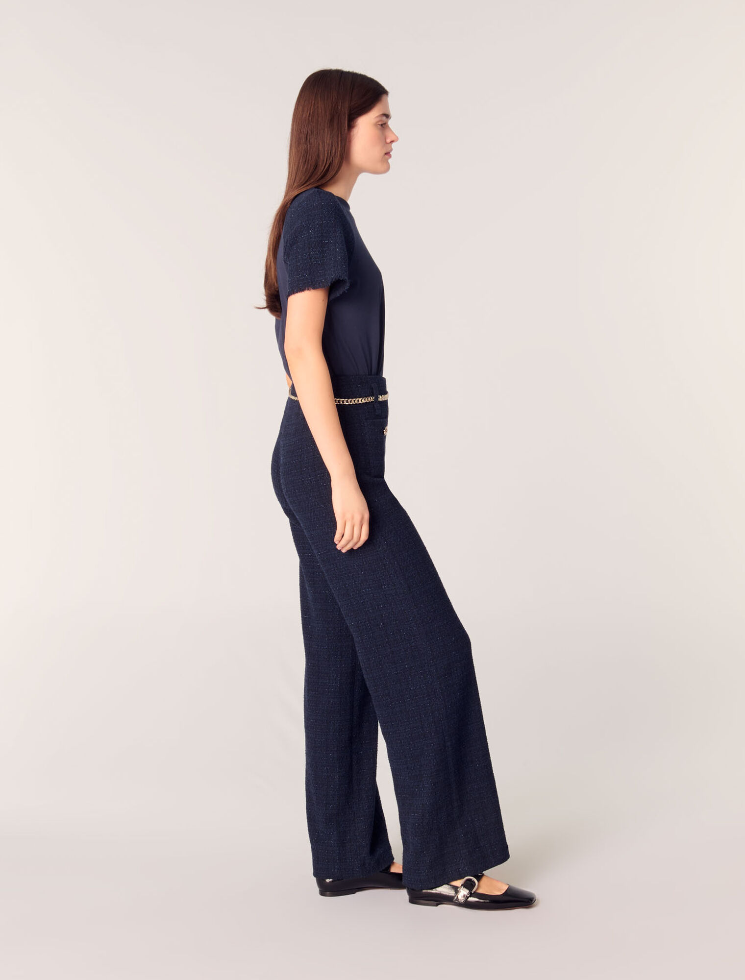 Tweed trousers with chain belt