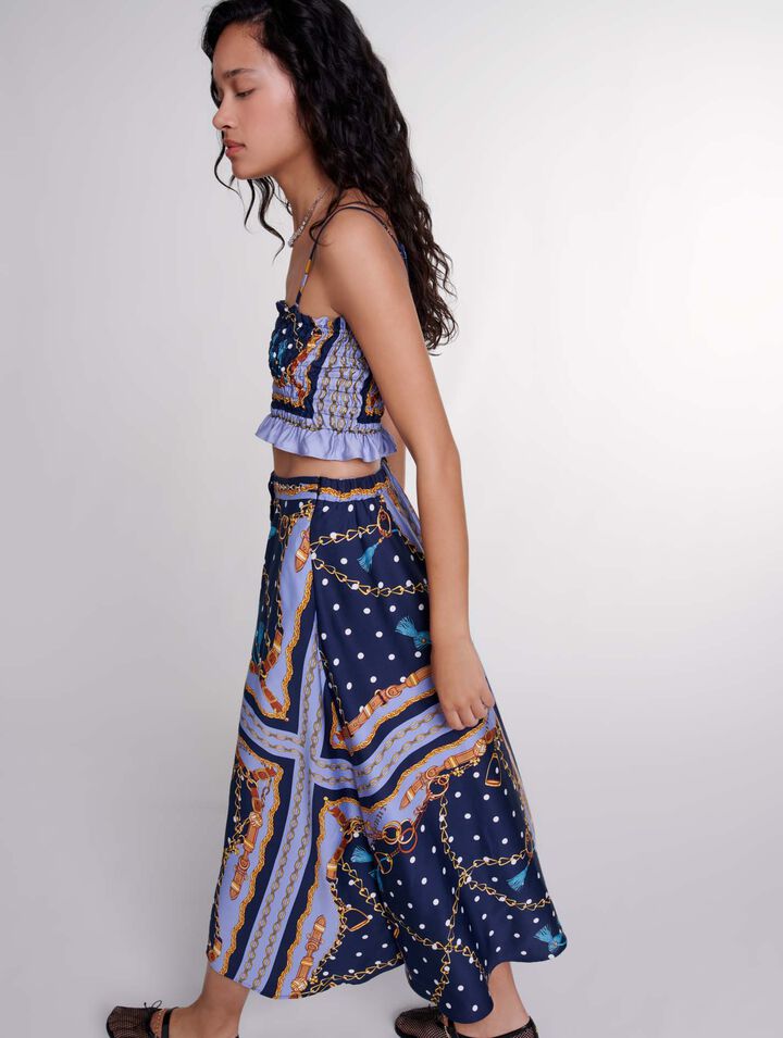 Satin-effect patterned short skirt 