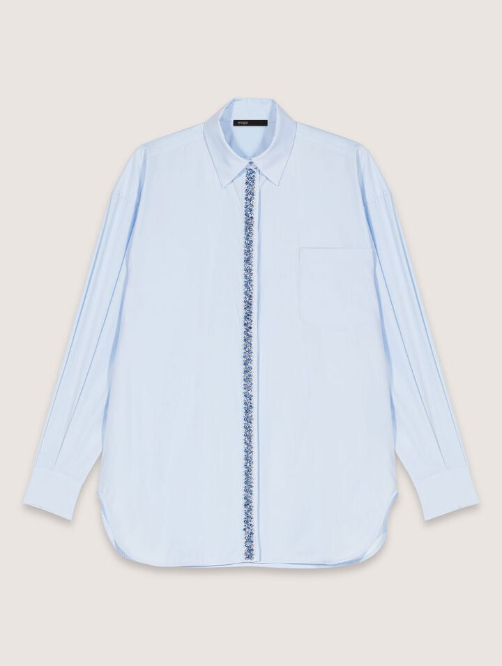 Maje Womens Bead-embellished Relaxed-fit Cotton Shirt Bleus In Blue