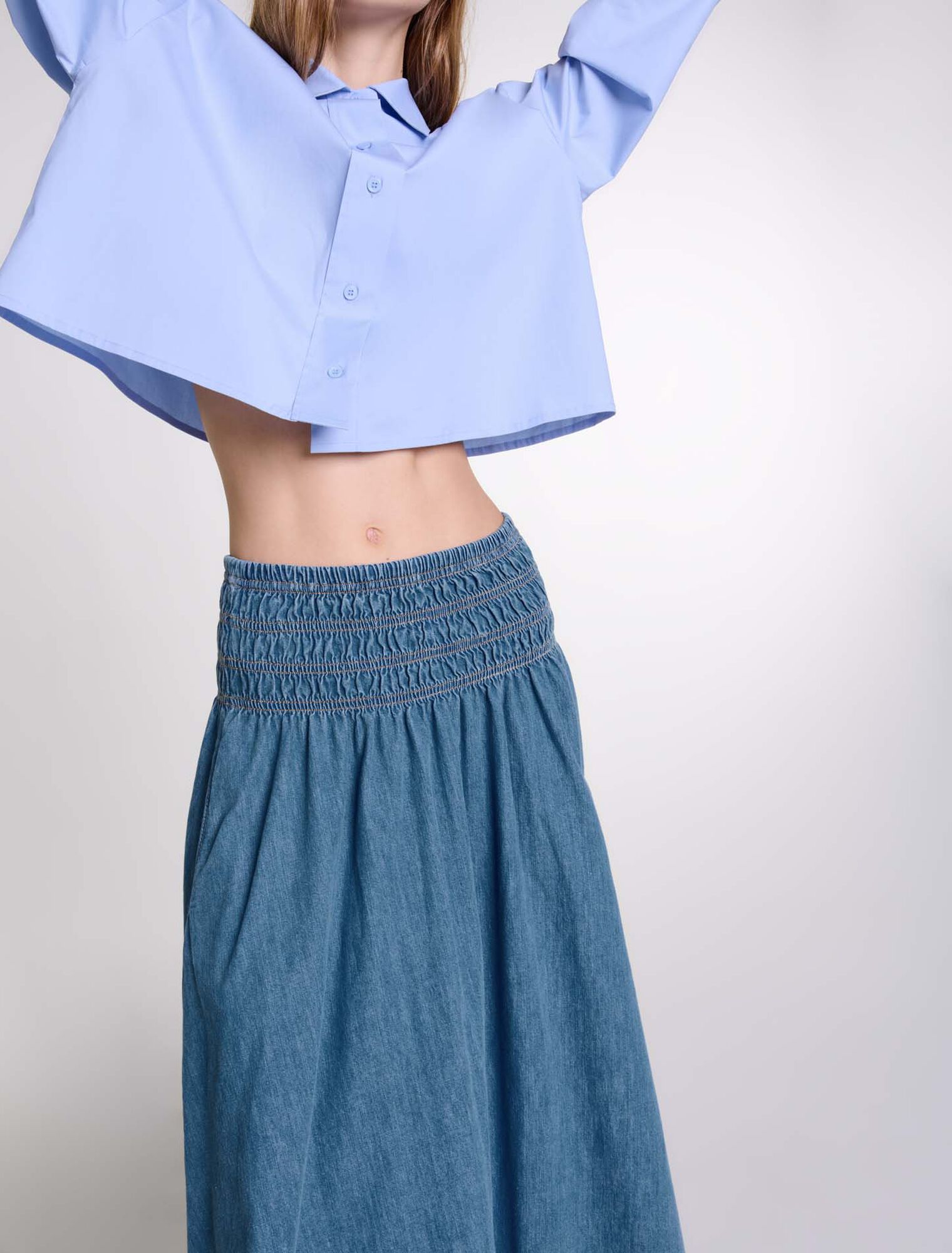 Smocked denim skirt