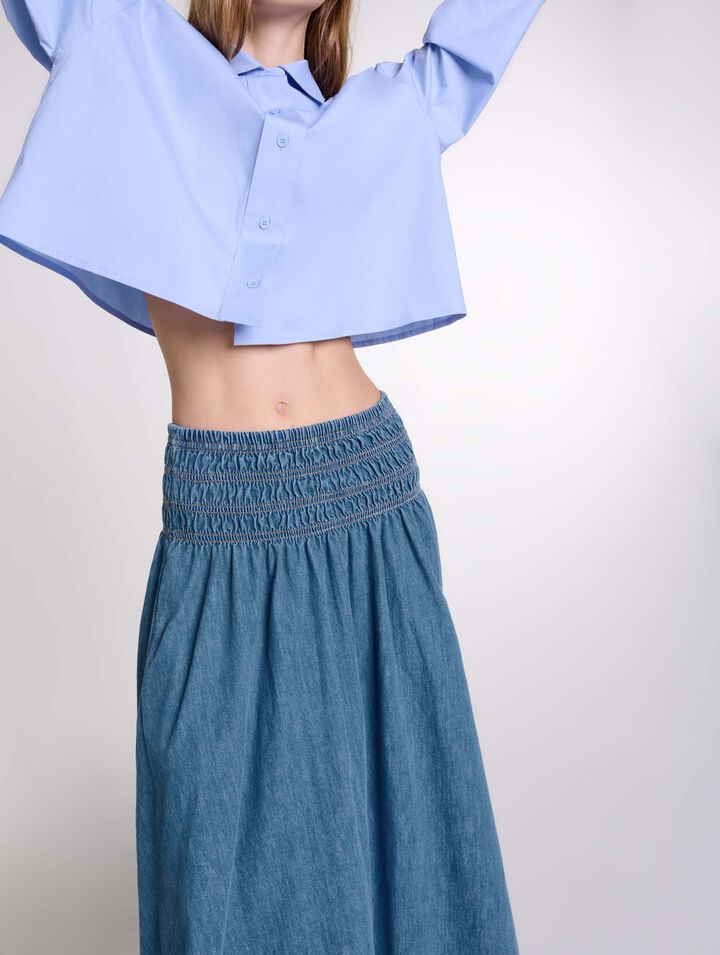 Smocked denim skirt