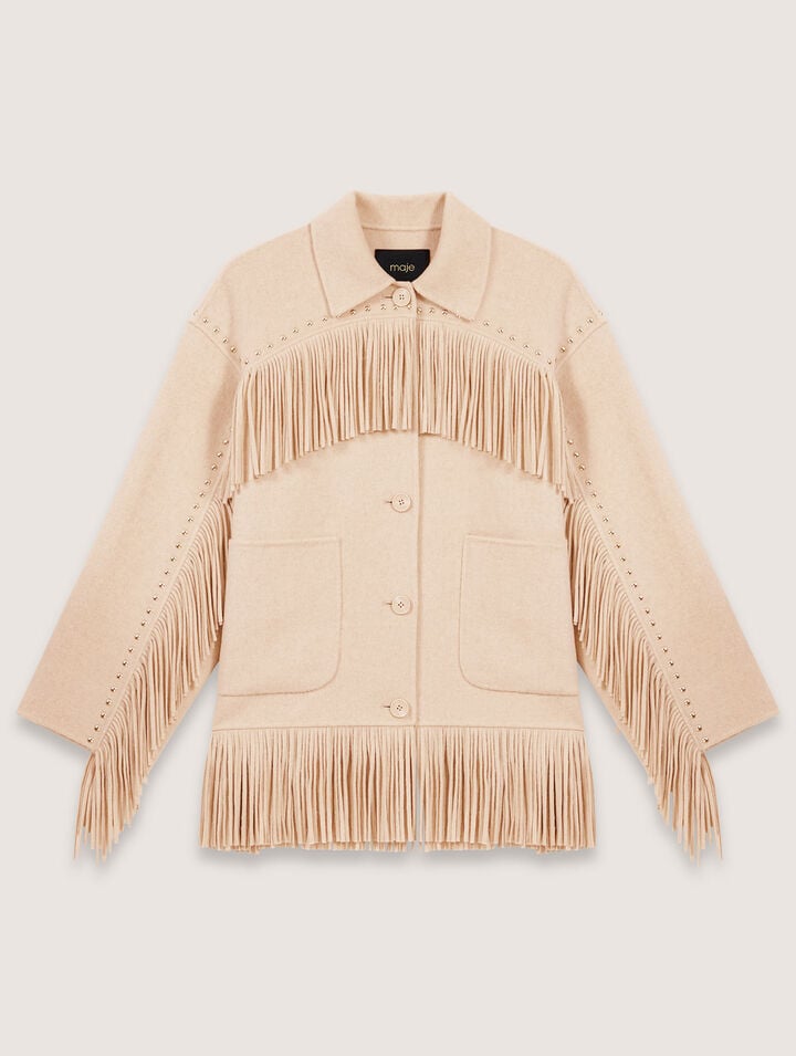 Maje Double-breasted Fringed Coat In Beige