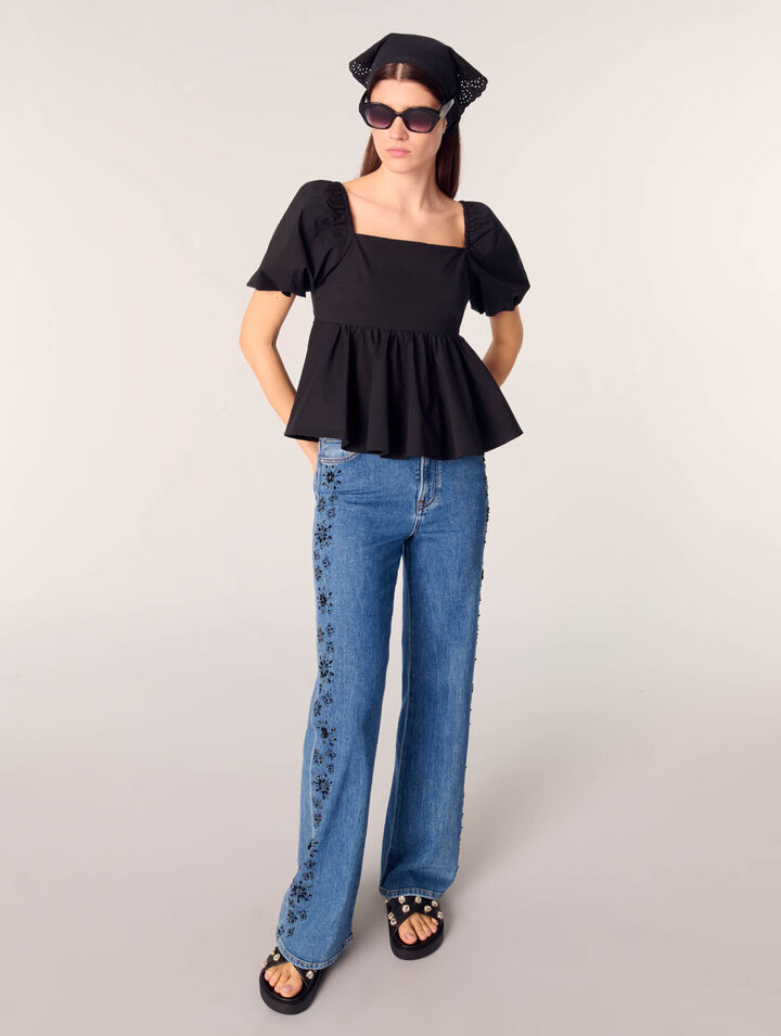 Embroidered jeans with rhinestones