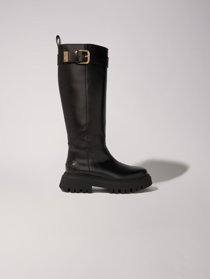 Maje Buckled Leather Boots In Black