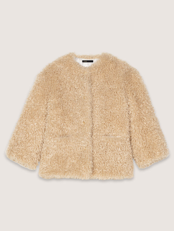 Maje Womens Round-neck Relaxed-fit Faux-fur Coat Naturels In Beige
