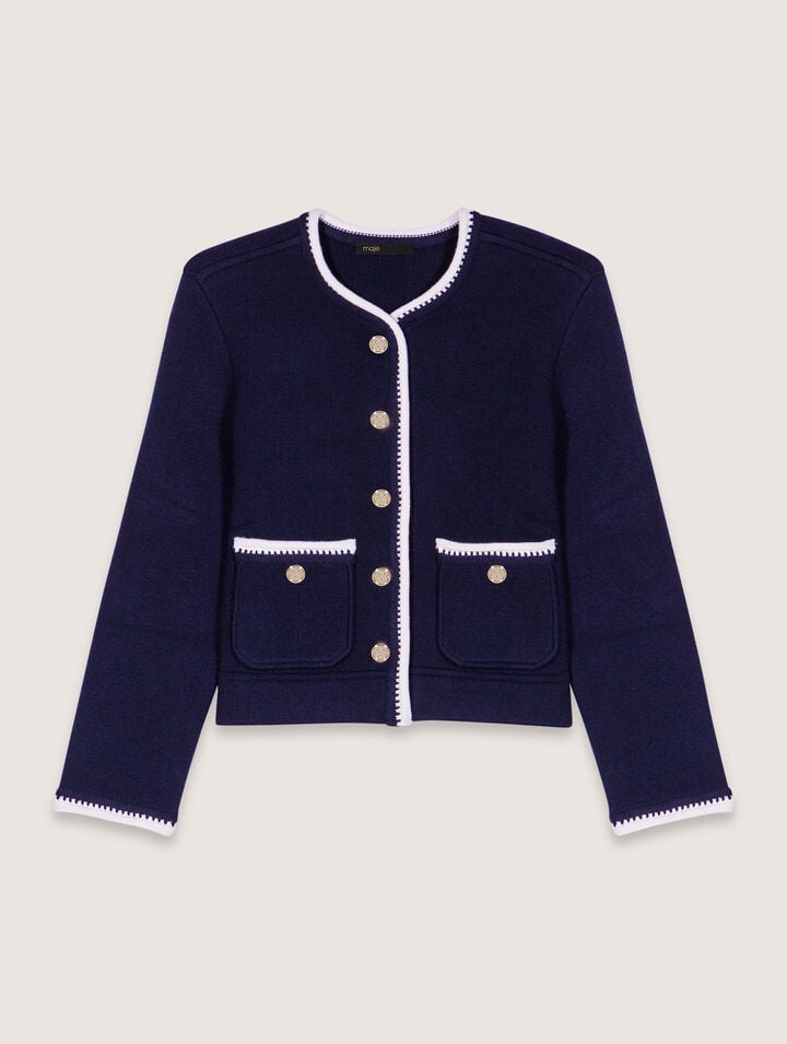 Maje Womens Contrast-trim Wool-blend Cardigan Bleus In Navy