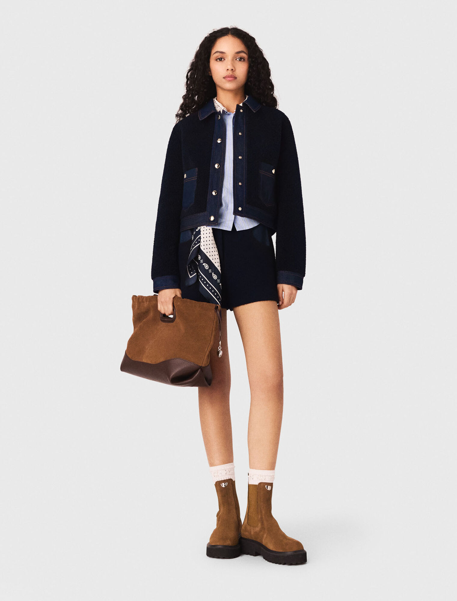 Boucl&eacute; and denim-detail jacket