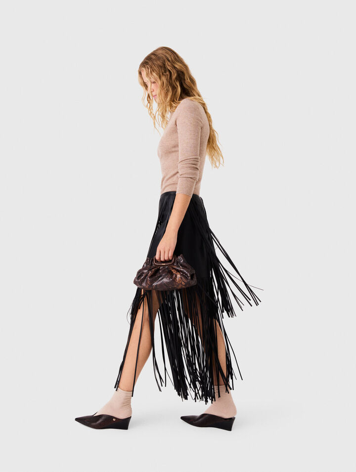 Fringed faux leather skirt