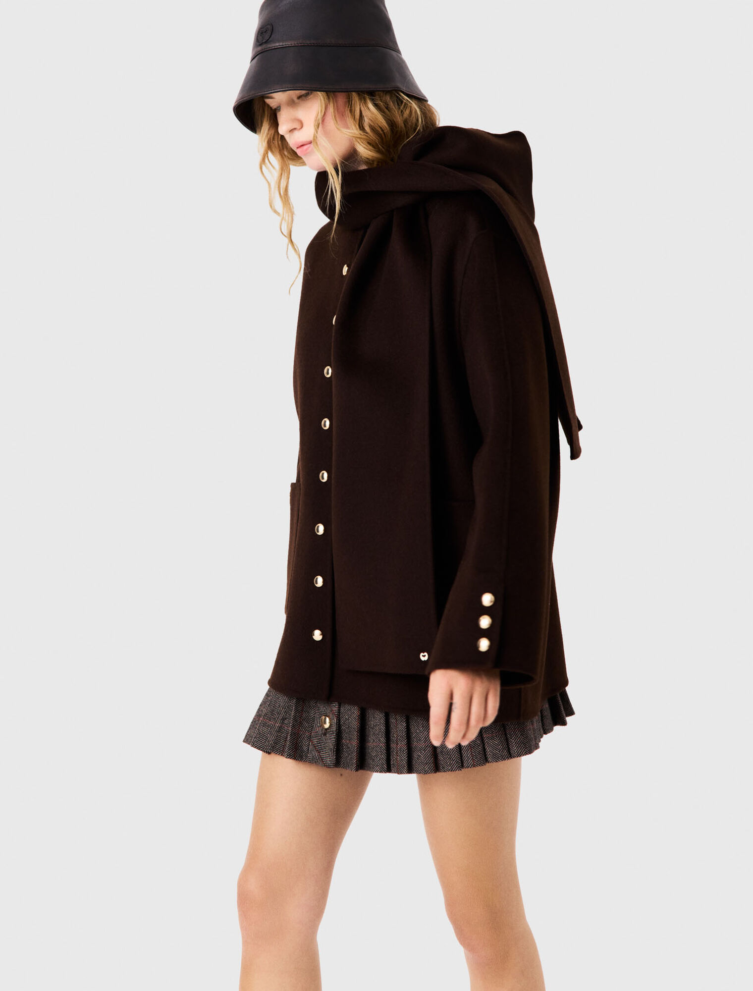 Wool coat with removable scarf