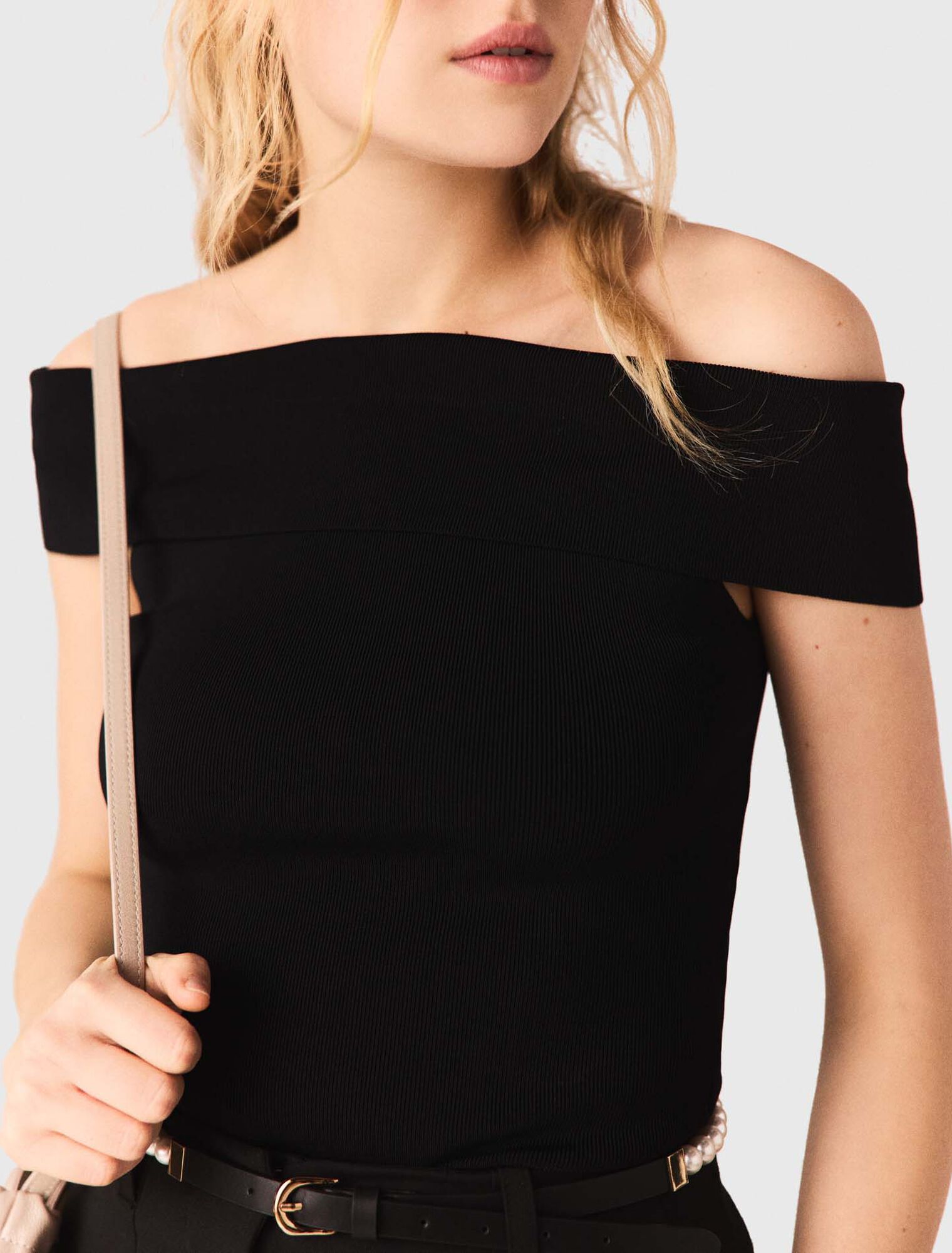 Rib knit bardot-neck top