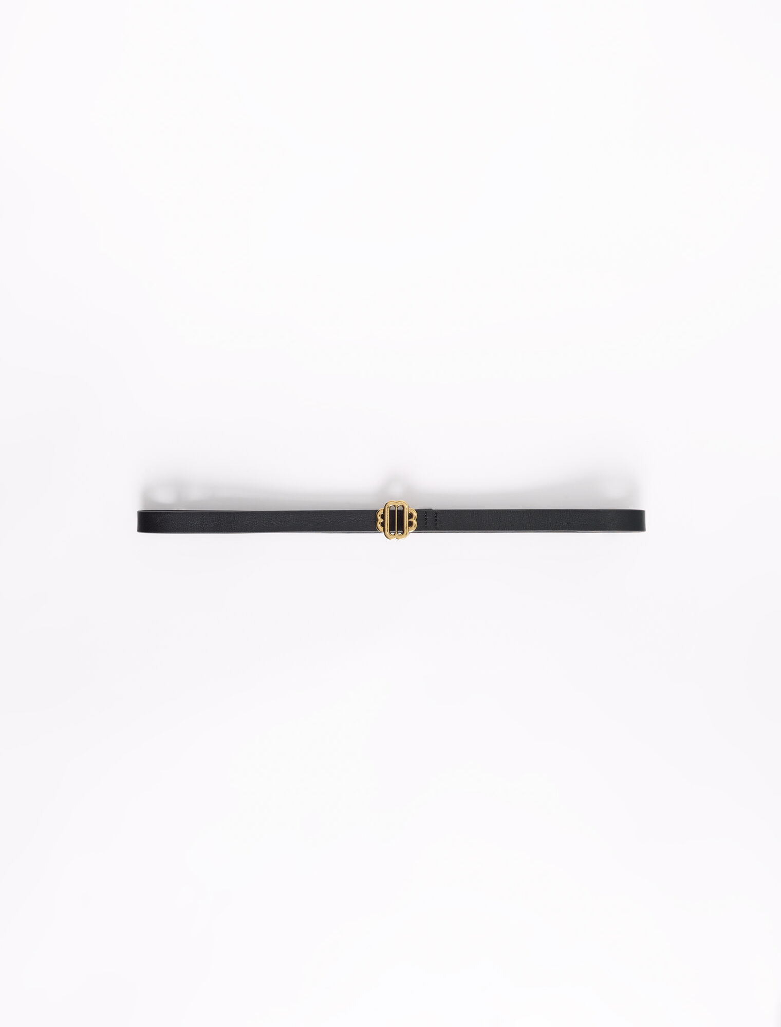 Narrow black leather belt gold buckle