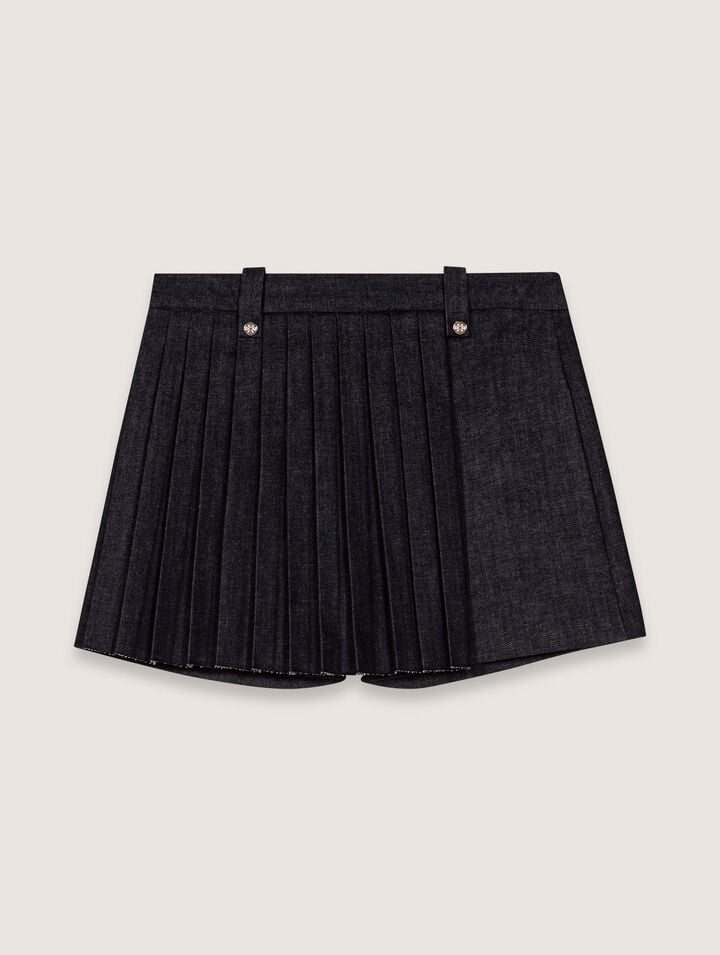 Shop Maje Layered-effect Pleated Denim Shorts In Black