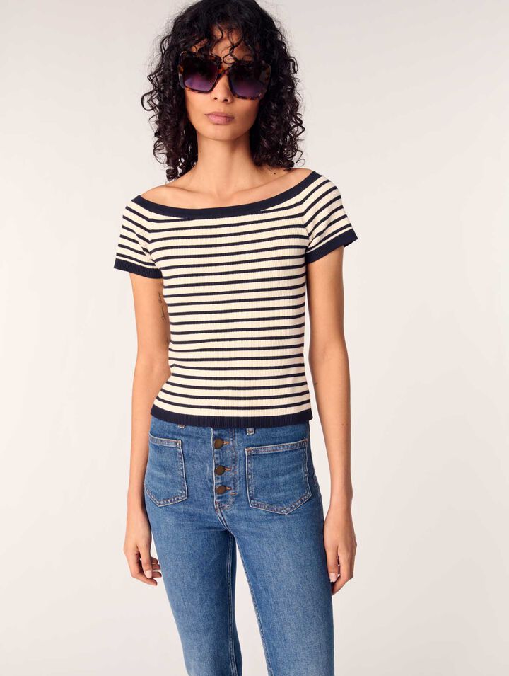 Rib knit top with boat neck