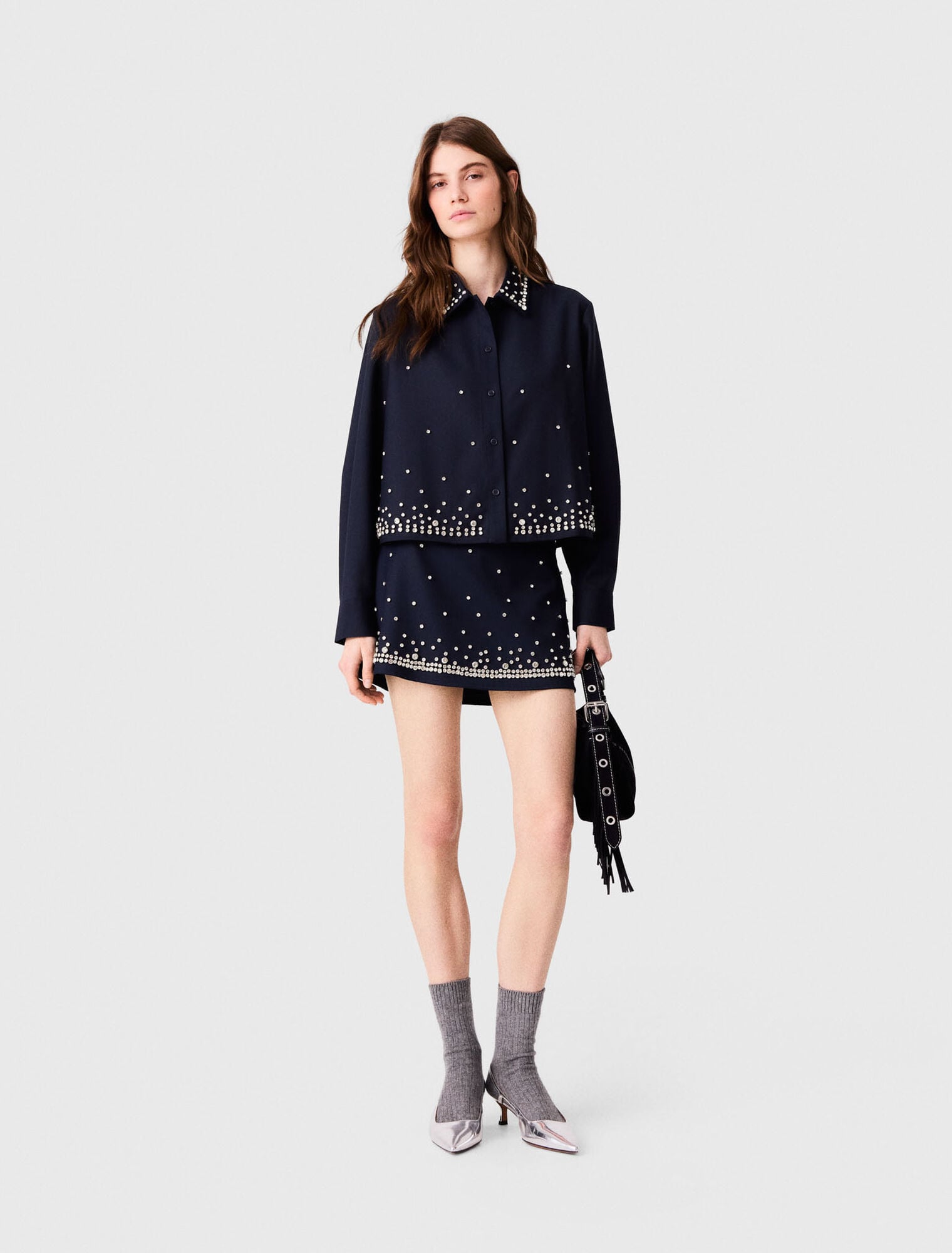 Short rhinestone embroidered shirt