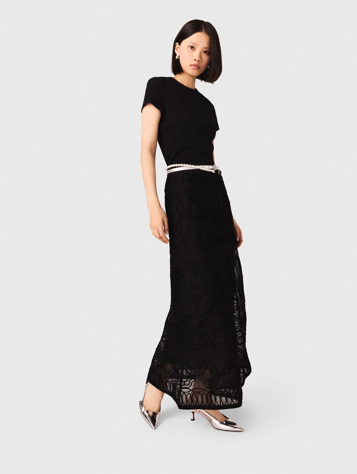 Embroidered basket-weave knit skirt