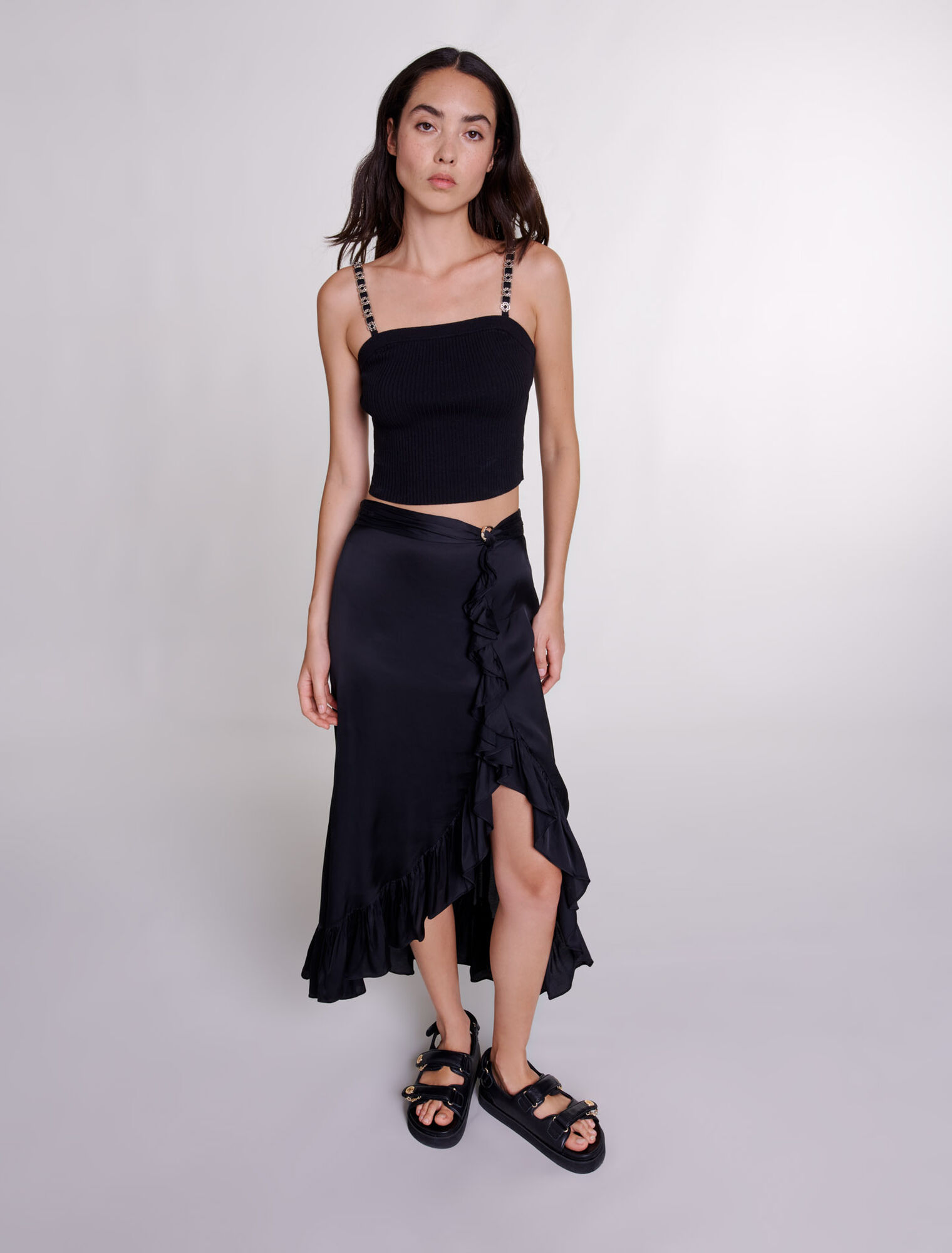 Long satin-effect ruffled skirt