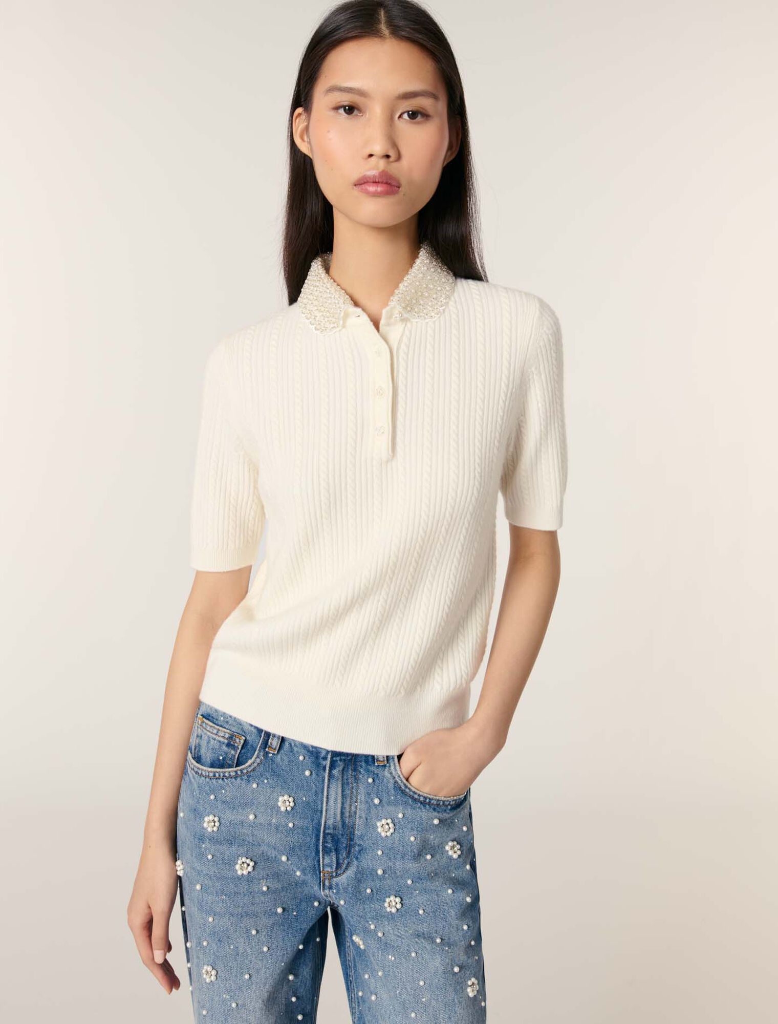 Removable collar knit polo shirt
