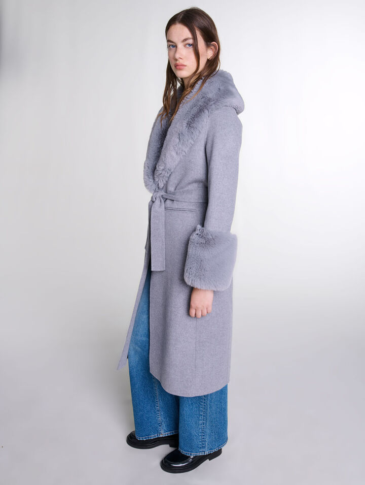 Long coat with faux fur collar