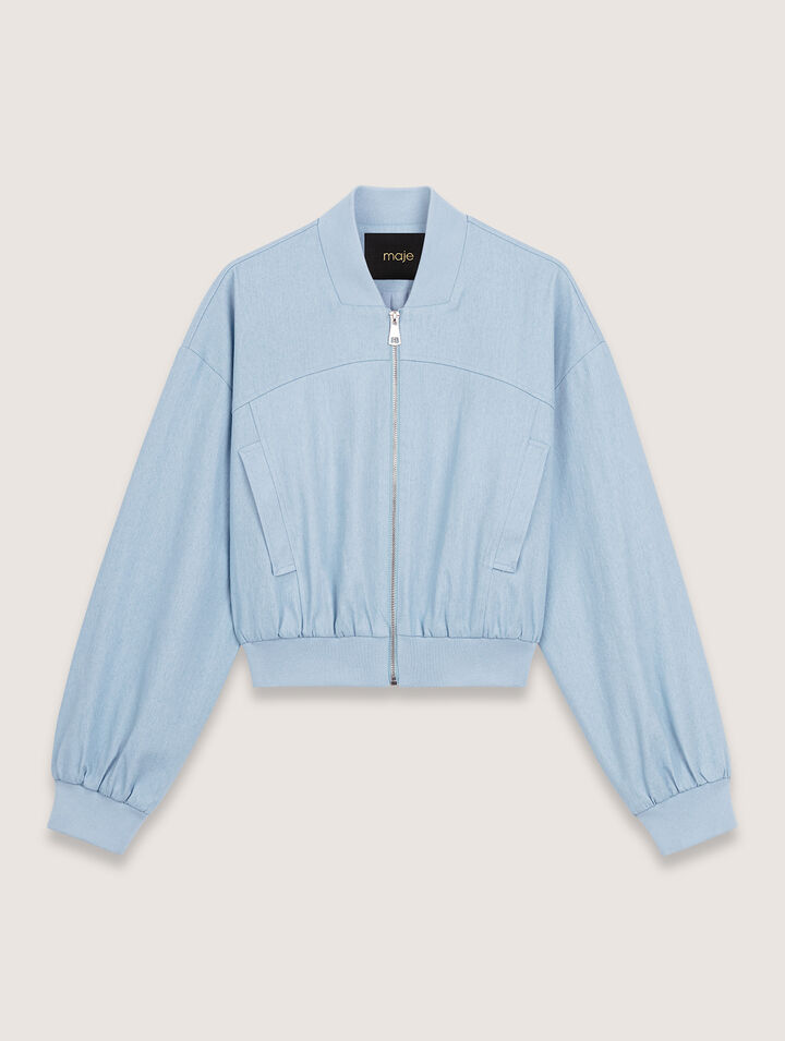 Cropped denim bomber jacket