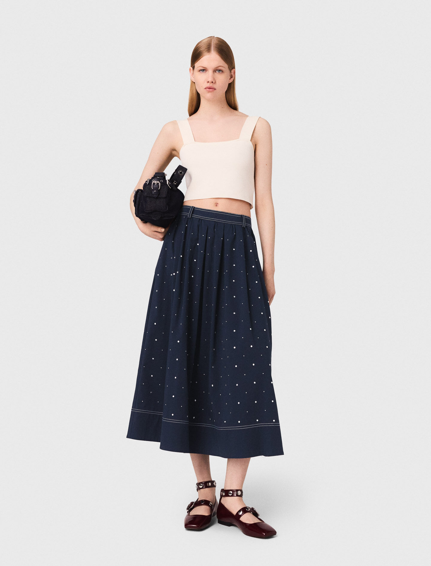 【mnem】Studded Cotton Skirt Long studded cotton skirt Blue for Women | Maje