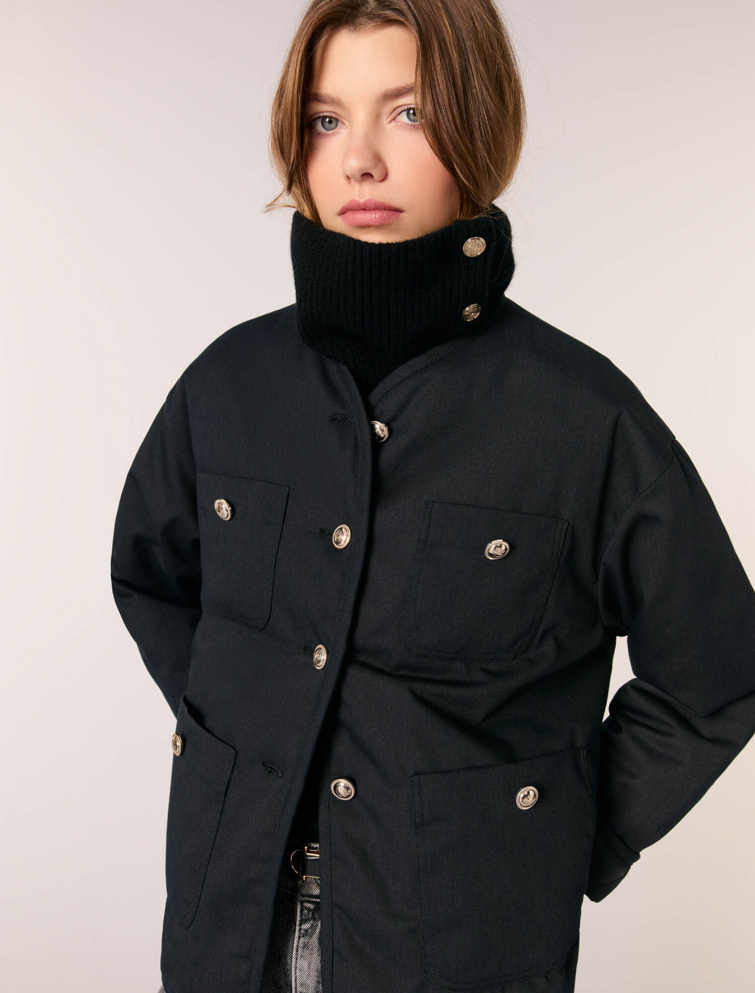 Button-up wool mix collar wrap