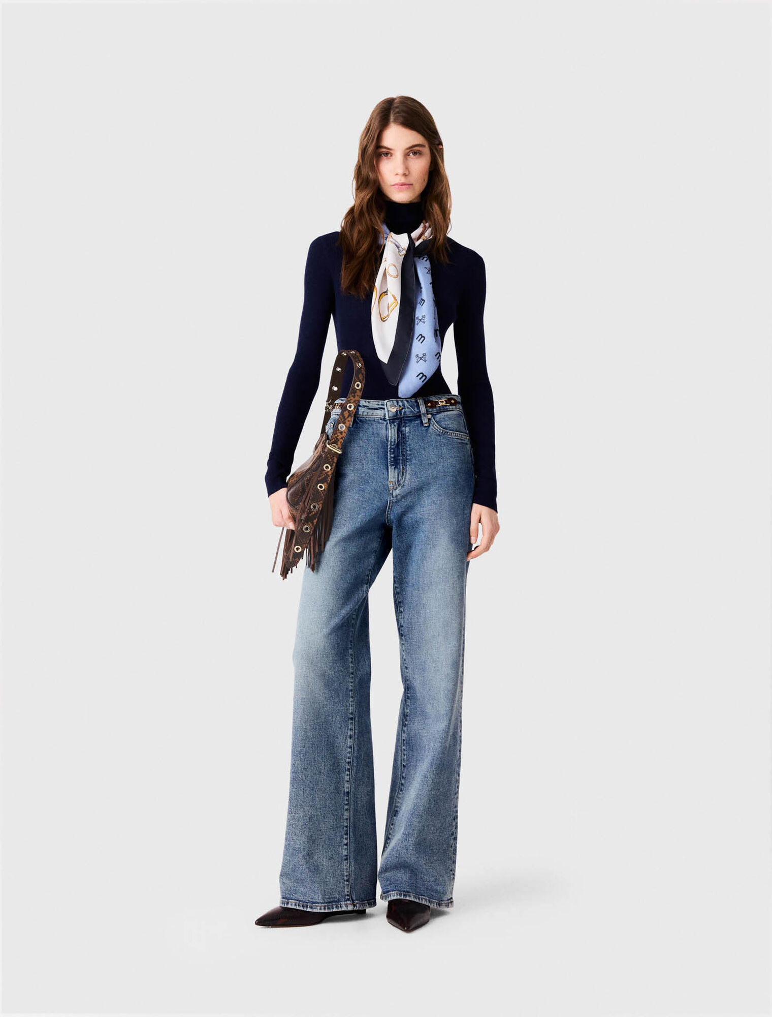 Wide-leg leather buckle jeans
