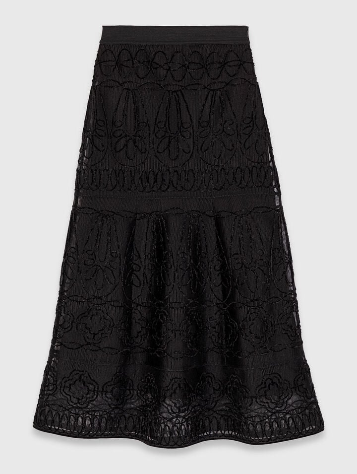 Embroidered basket-weave knit skirt