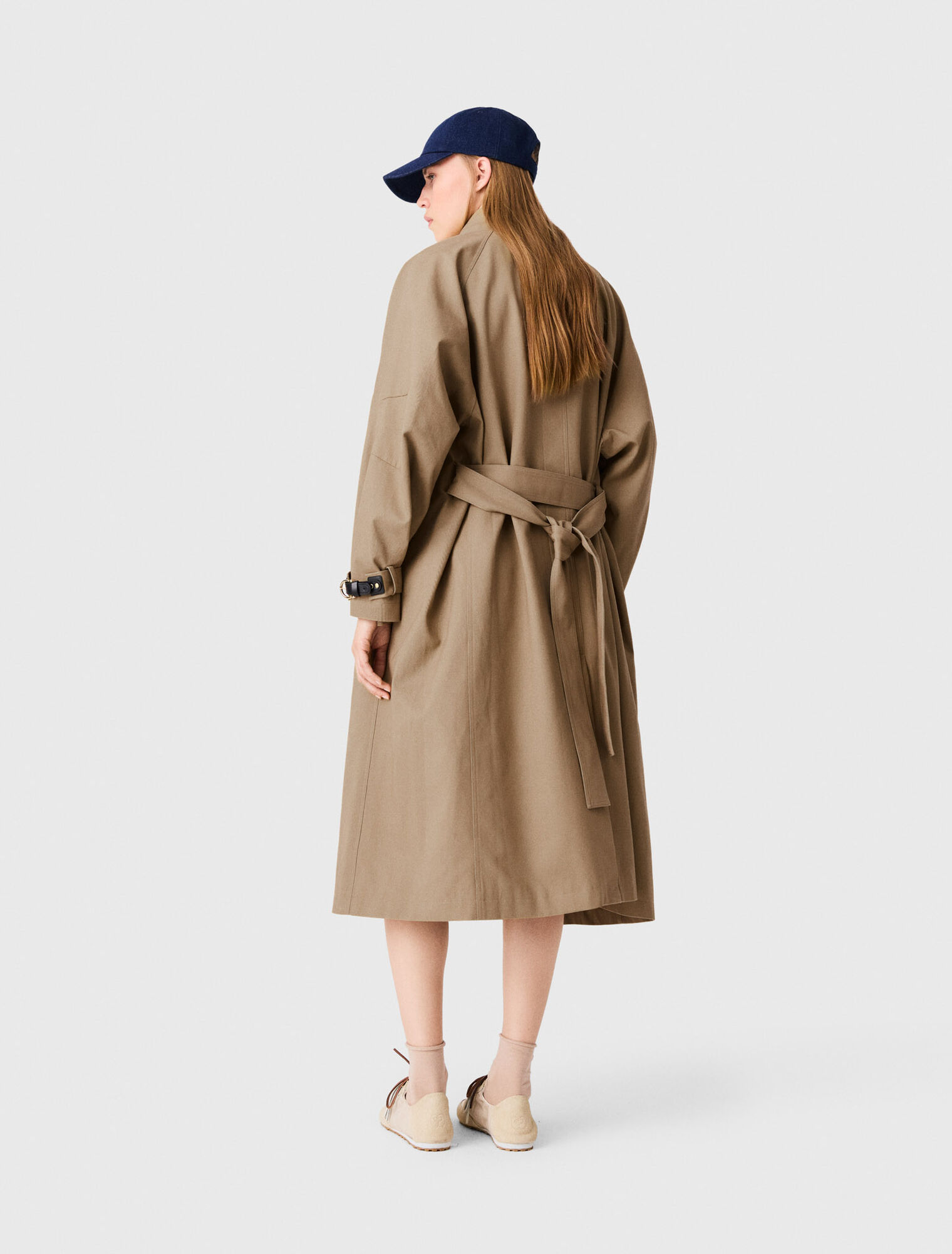 Long belted trench, gold buttons