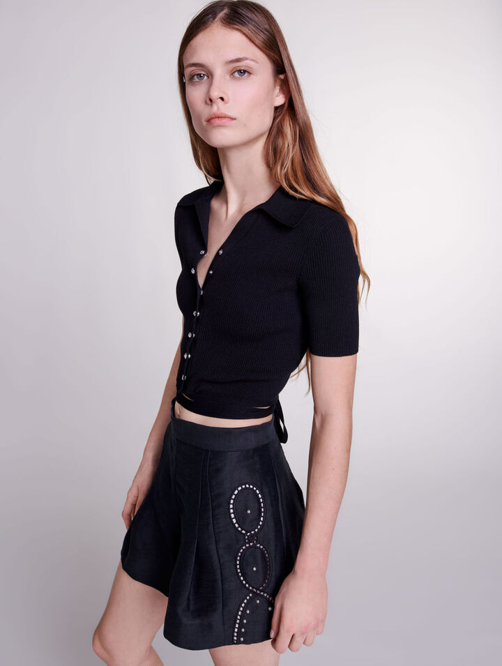 Openwork linen shorts with rivets