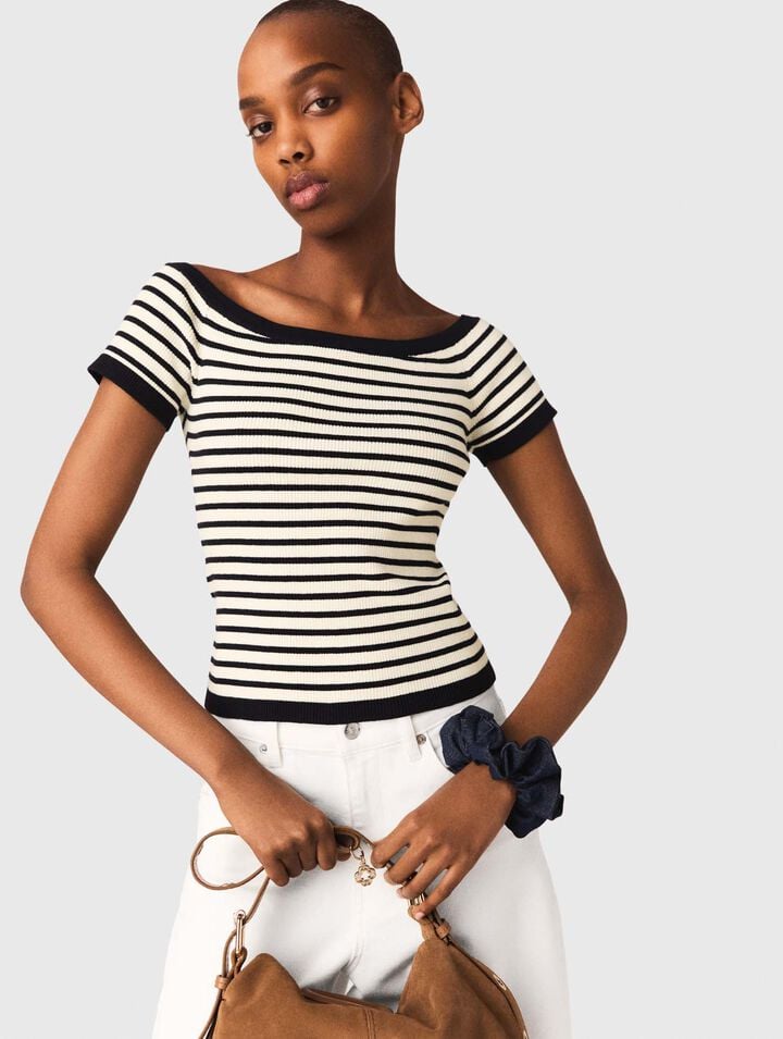 Rib knit top with boat neck