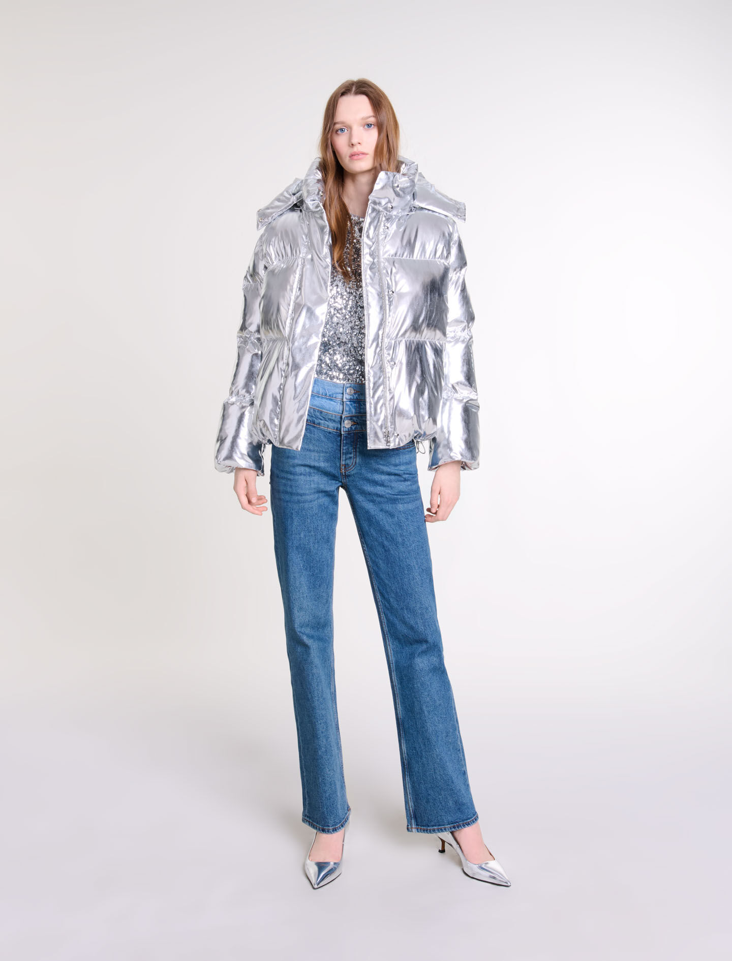 Silver hooded puffer jacket discount