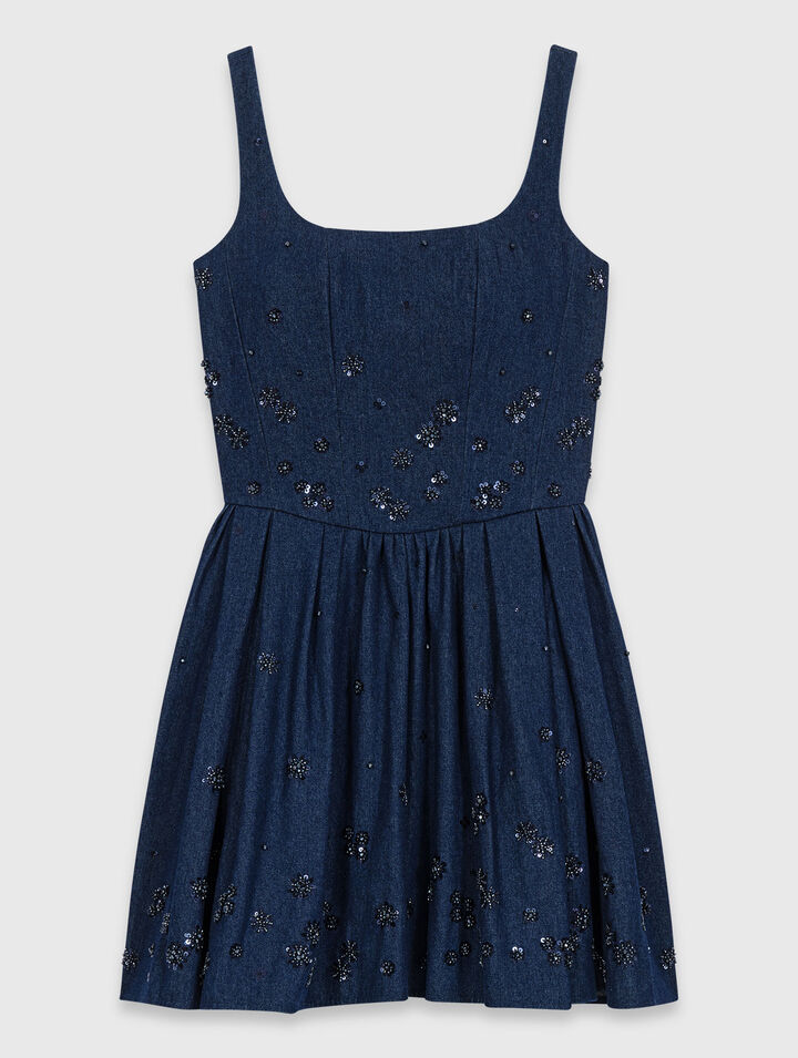 Flared embroidered denim dress