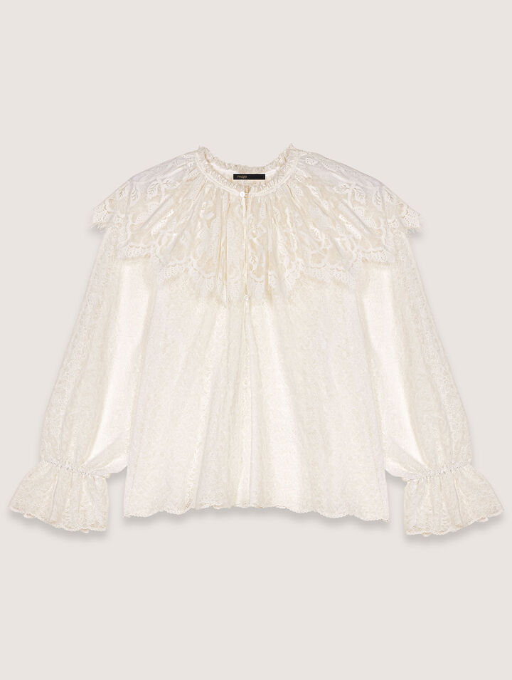 Maje Lolitel Ruffled Sheer Lace Blouse In White