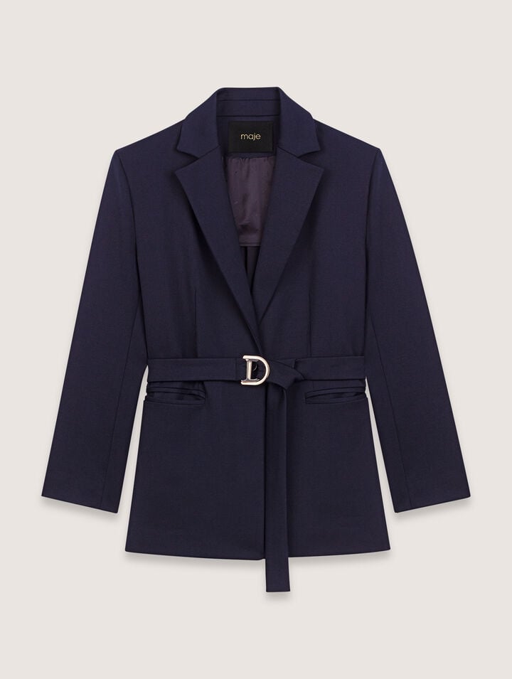 Maje Villeplisse Belted Pleated Blazer In Navy