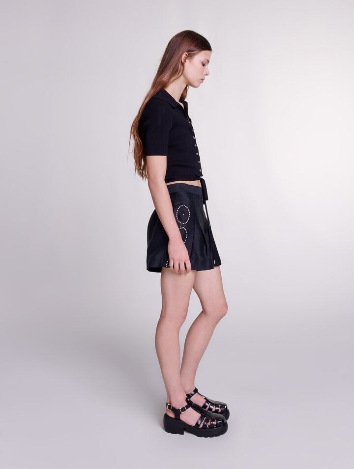 Openwork linen shorts with rivets