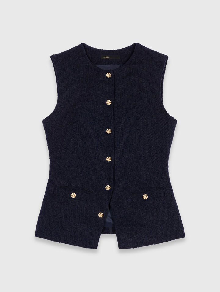 Long sleeveless tweed jacket
