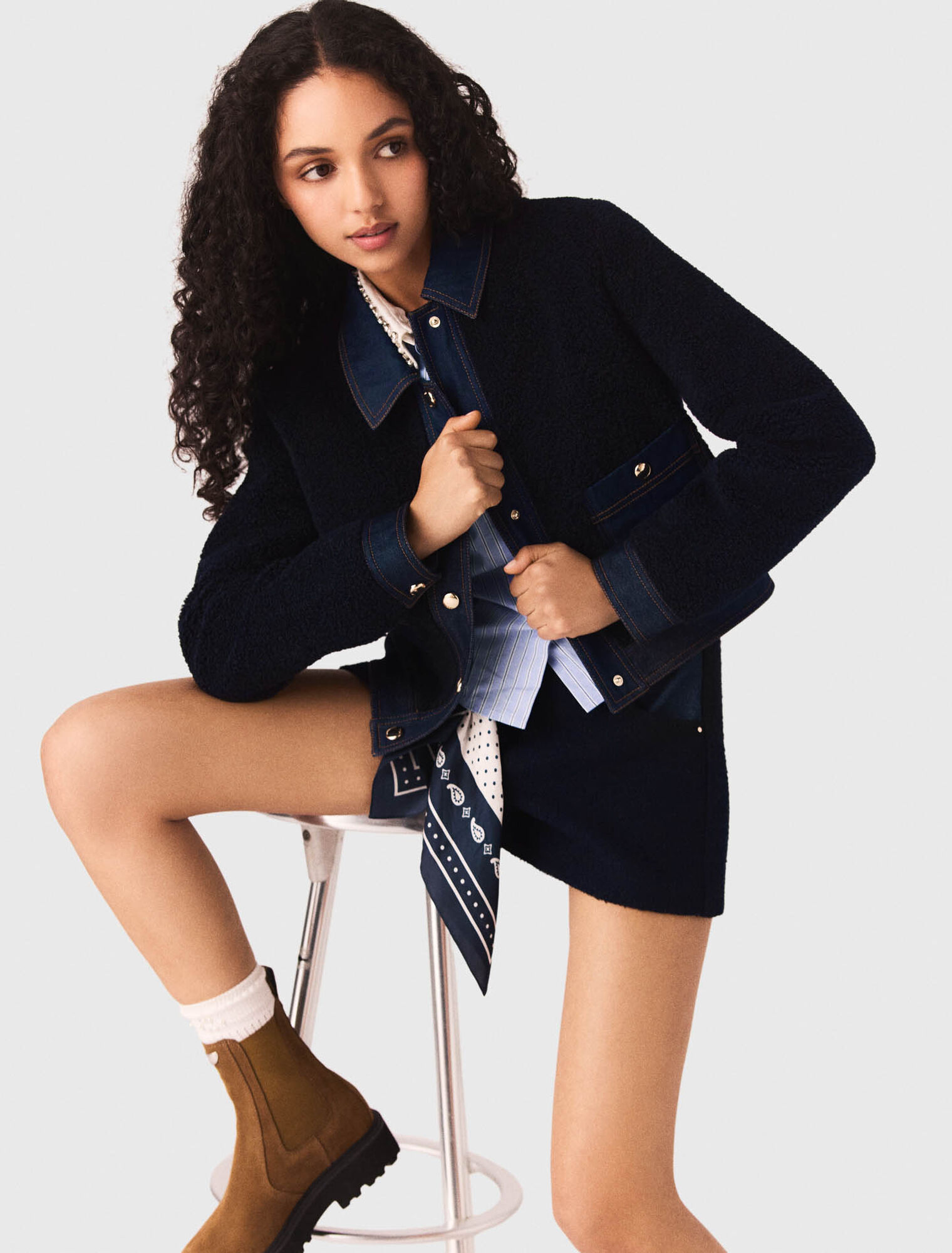 Boucl&eacute; and denim-detail jacket