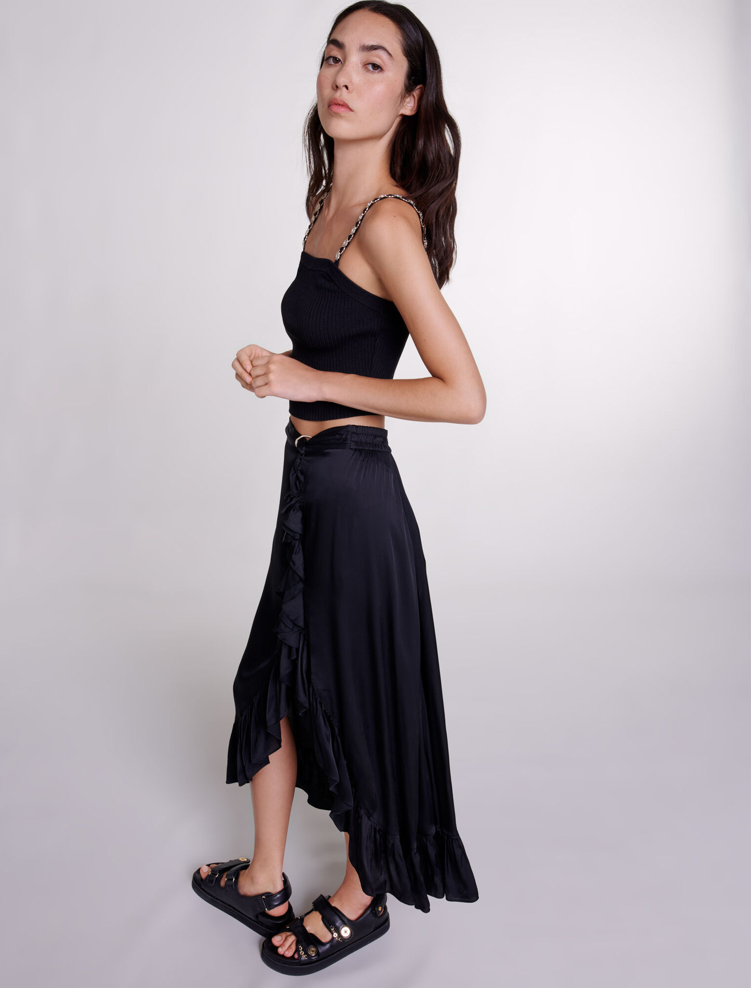 Long satin-effect ruffled skirt