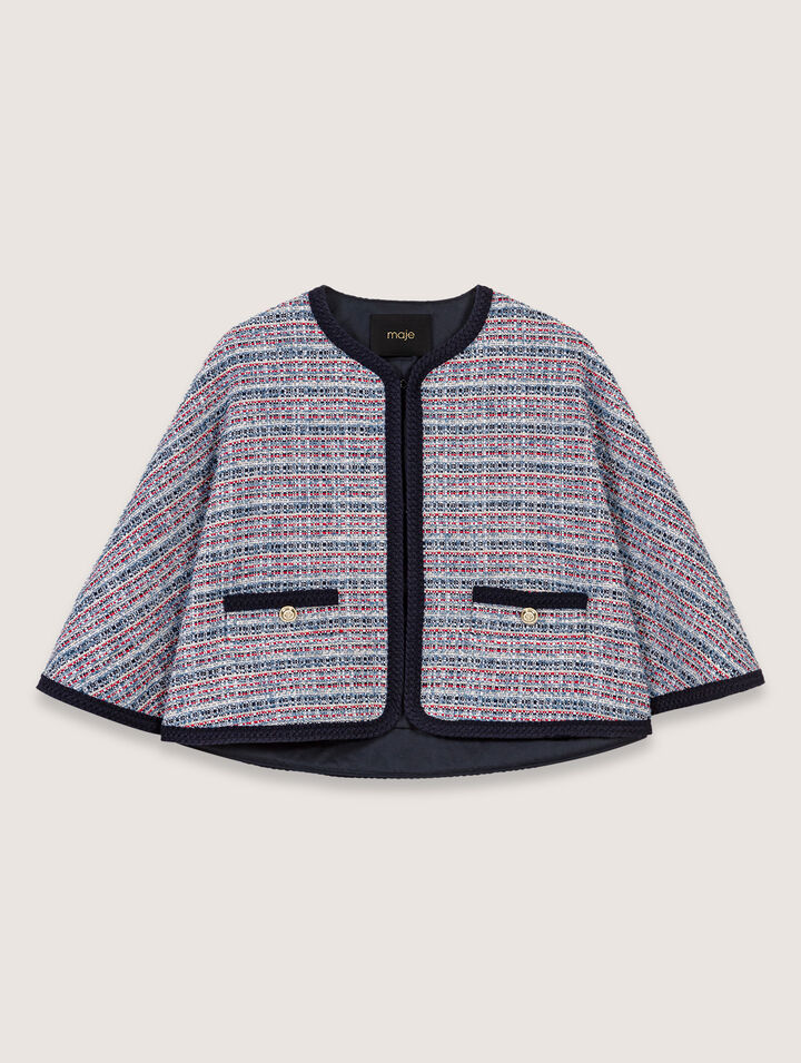 Maje Tweed Cape With Contrasting Trim In Blue / Red