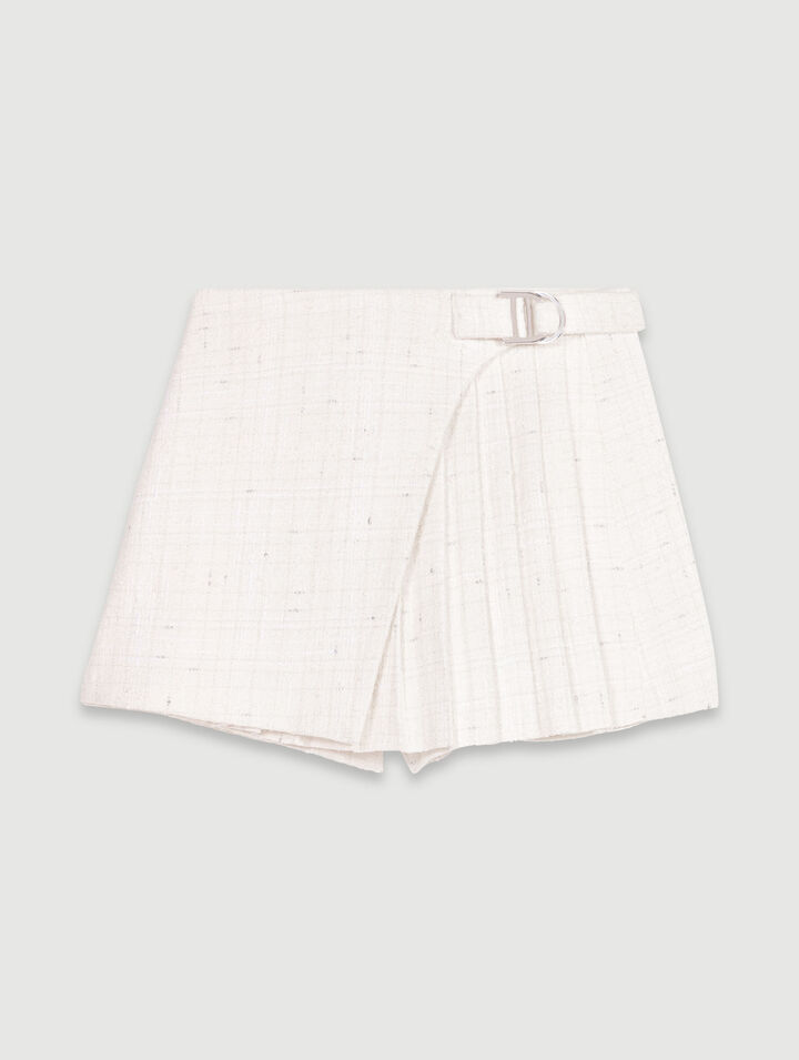 Shop Maje Short Pleated Tweed Skirt In Ecru