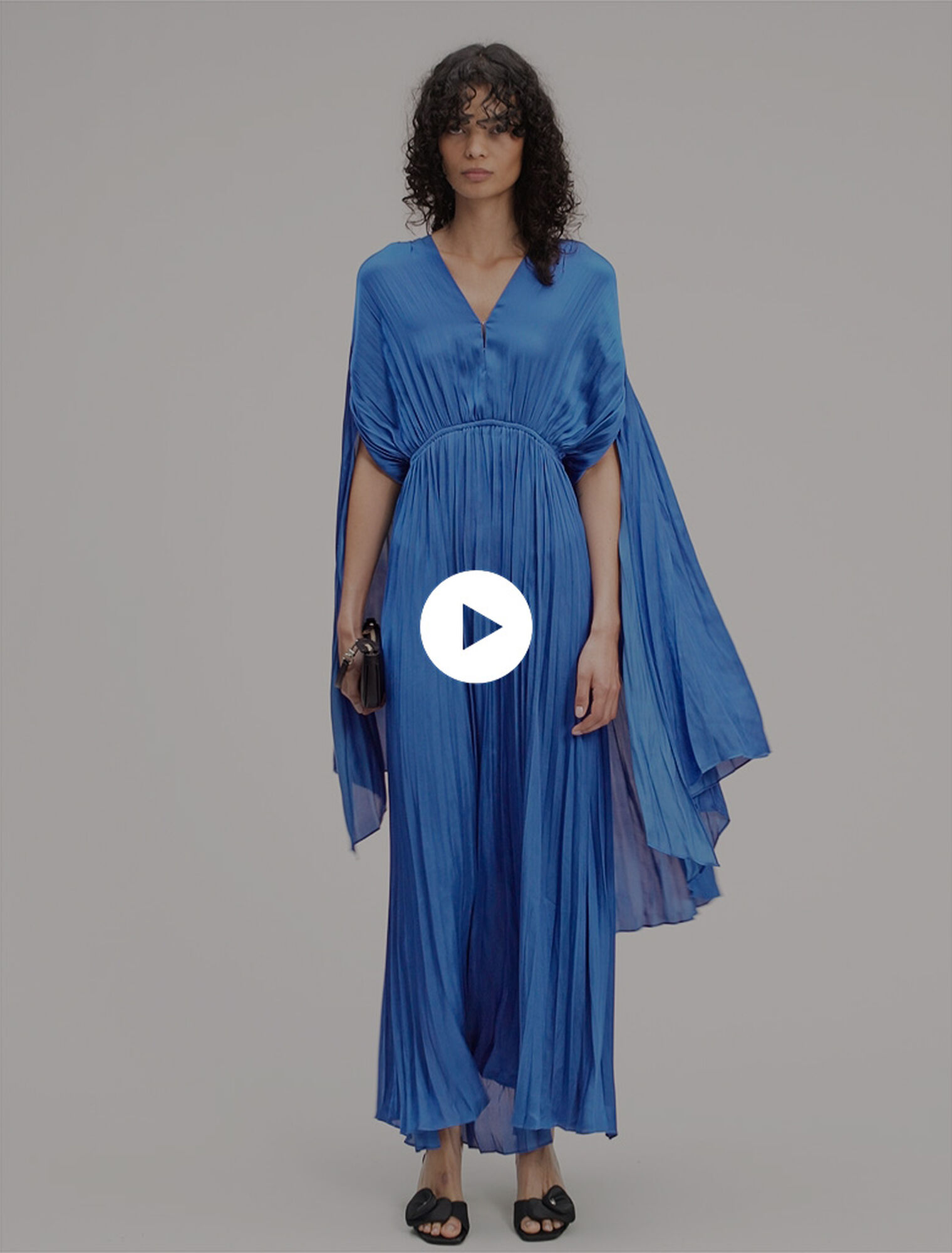 Pleated satin cape maxi dress