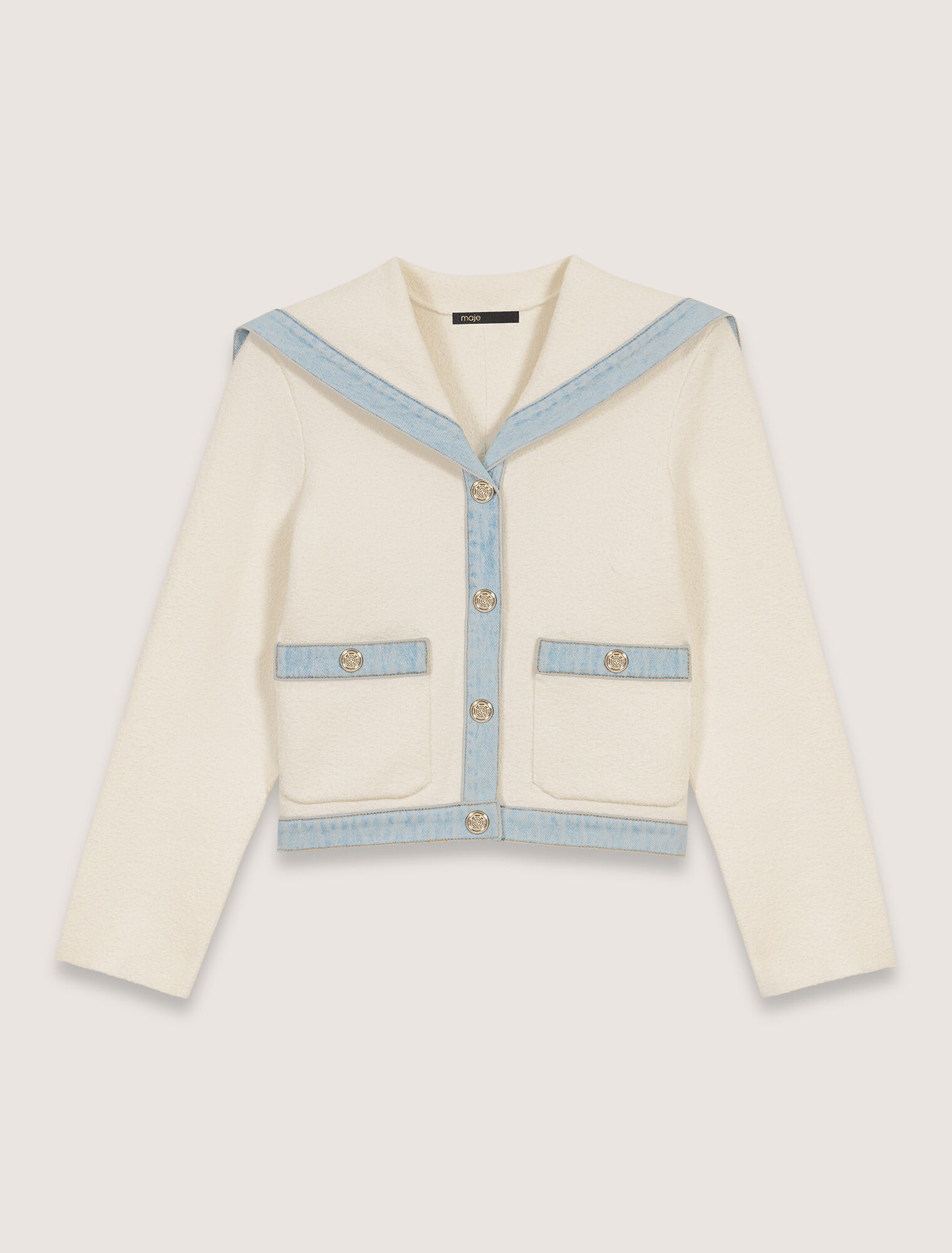 Crew-neck denim-detail cardigan