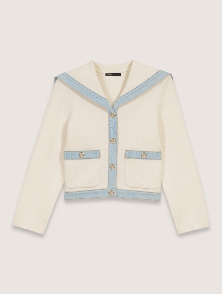 Maje Womens Blanc Denim-trim Button-down Cotton-blend Cardigan