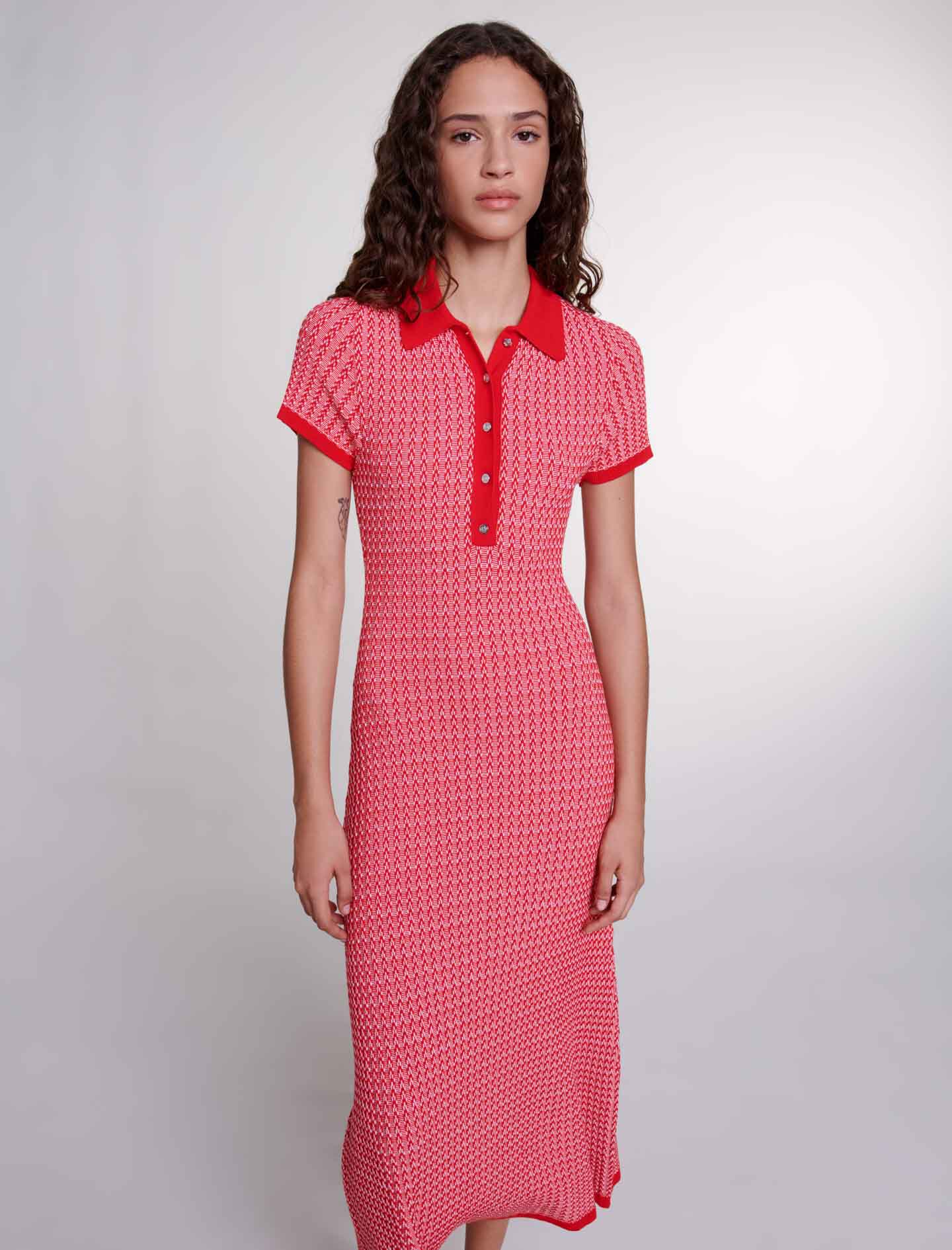 MAJE [マージ] Pearl Trimming Check Knit Dress Herringbone knit maxi dress